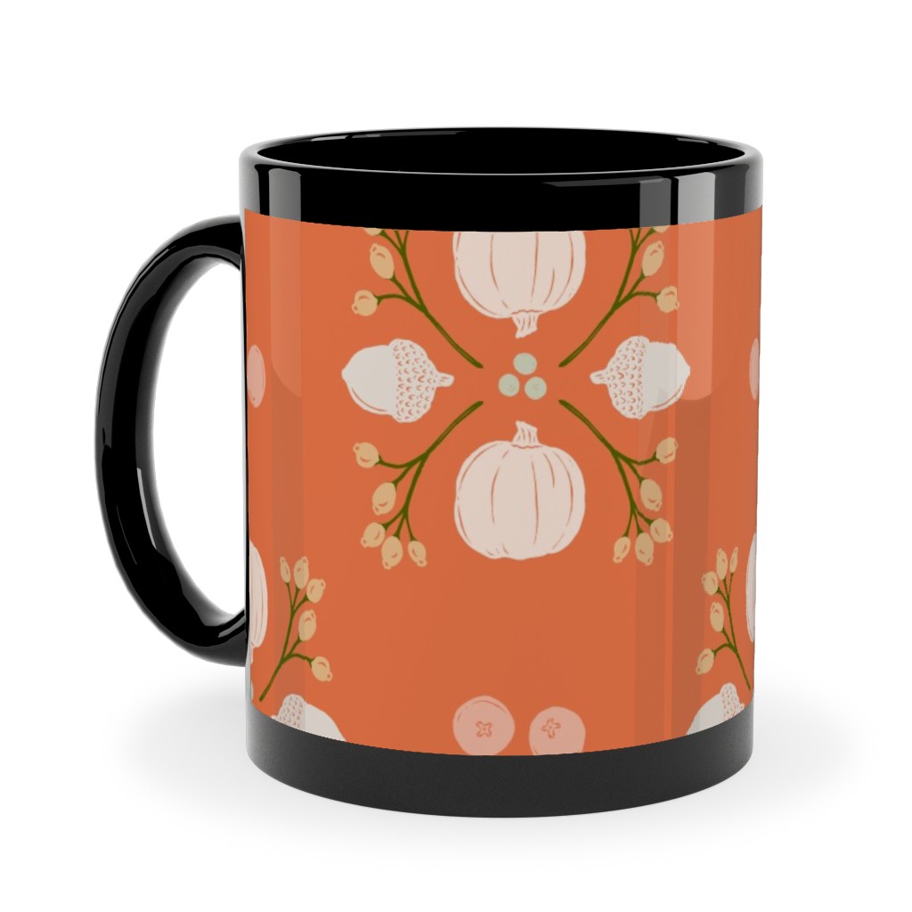 Bright Orange Acorn, Cranberry, & Pumpkin Fall Foliage Damask Ceramic Mug, Black, , 11oz, Orange, Orange