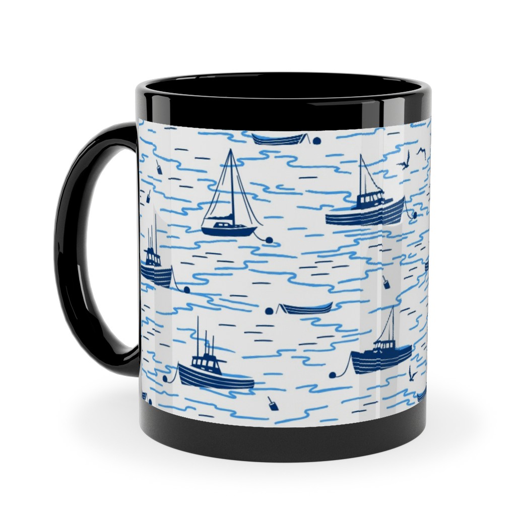 Harbor Boats - White Ceramic Mug, Black,  , 11oz, Blue