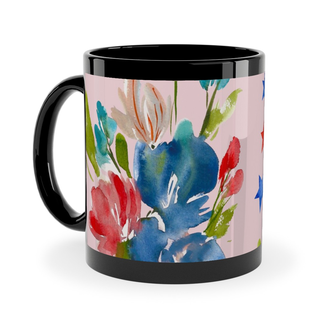 4th of July Florals - Pink Ceramic Mug, Black, , 11oz, Pink, Bright Pink