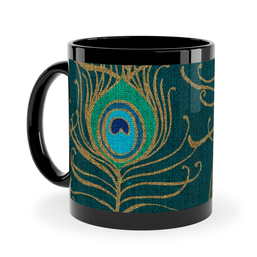 Peacock Feather Nouveau - Emerald Ceramic Mug, Black, , 11oz, Green, Classic Green