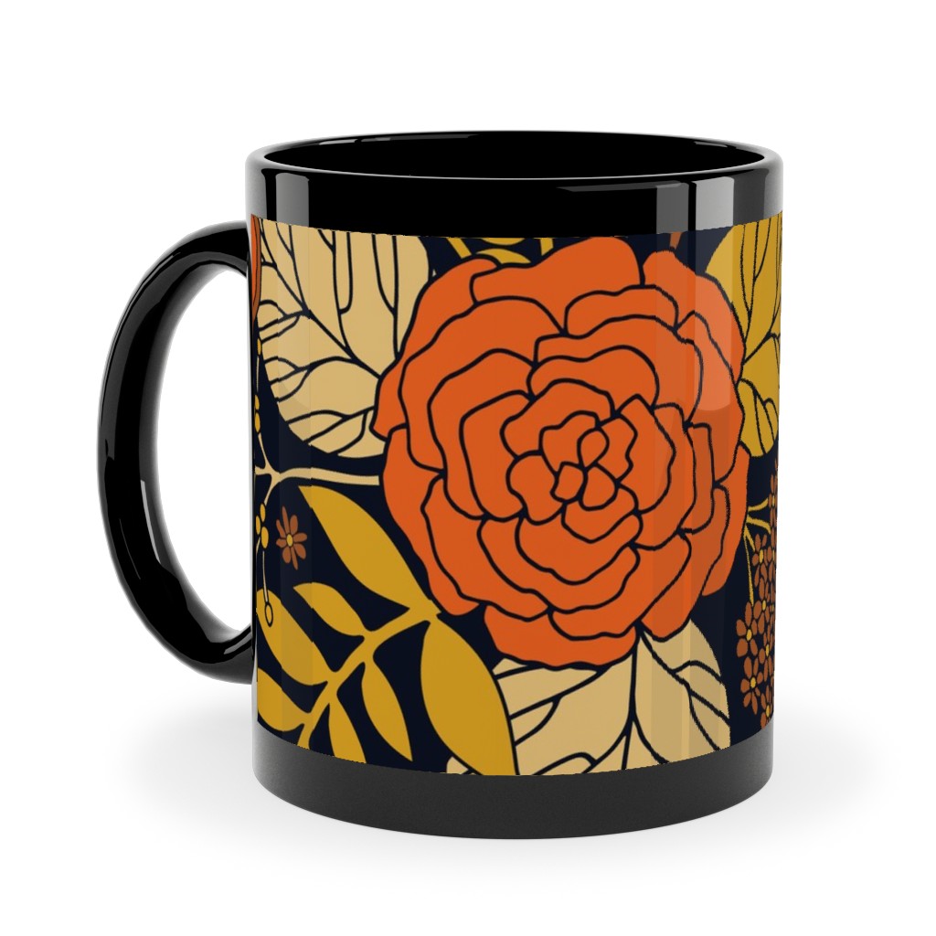 Retro Floral - Orange Brown and Yellow Ceramic Mug, Black, , 11oz, Orange, Orange