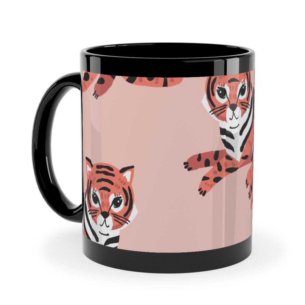Jungle Tigers - Blush and Coral Ceramic Mug, Black,  , 11oz, Pink