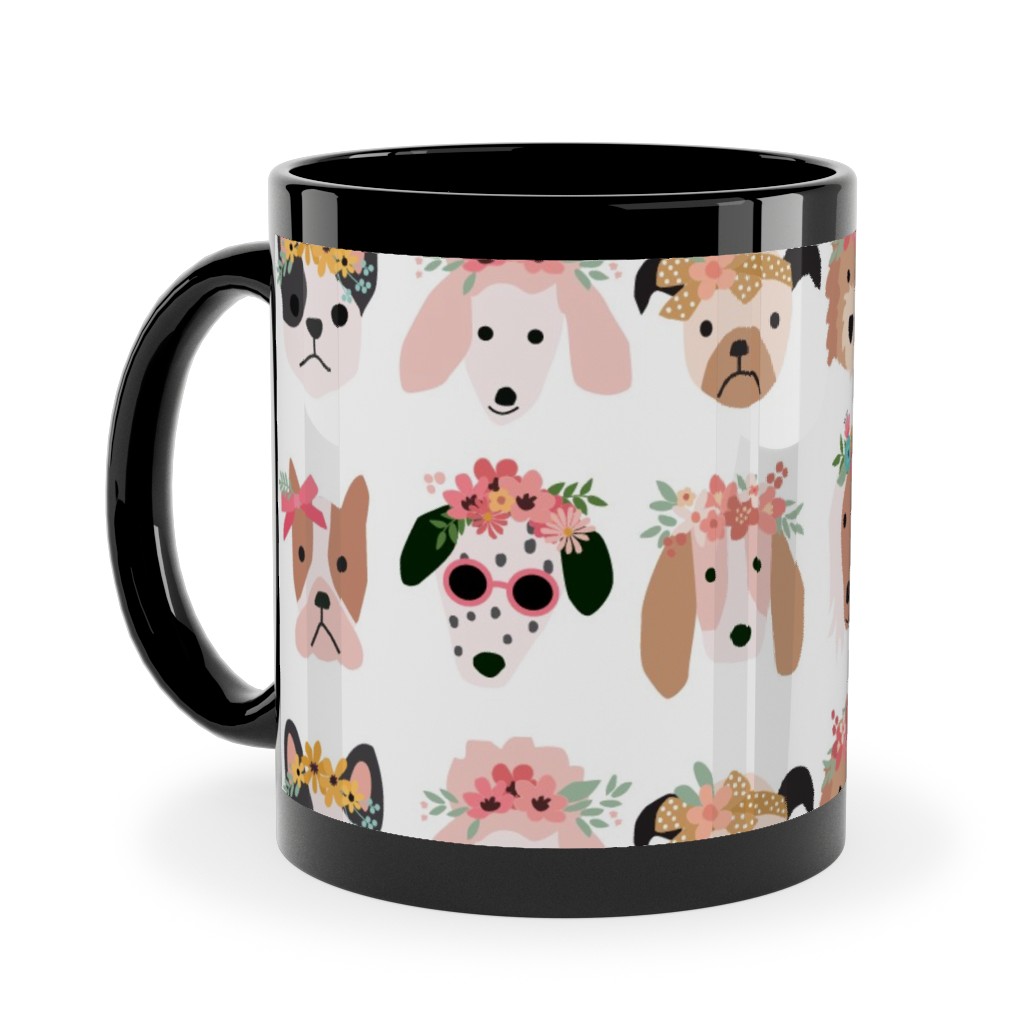 Puppy Dogs With Floral Crowns Ceramic Mug, Black, , 11oz, Multicolor
