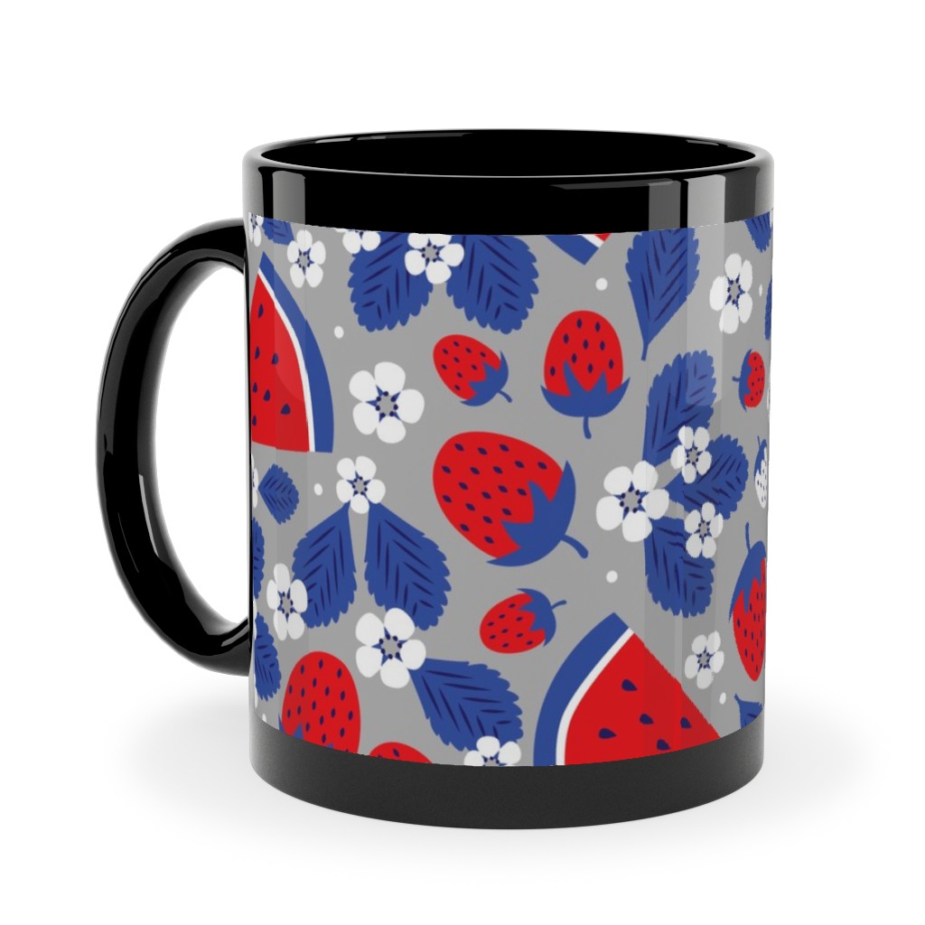 Summer Strawberries and Melons - Red, White and Blue Ceramic Mug, Black, , 11oz, Multicolor