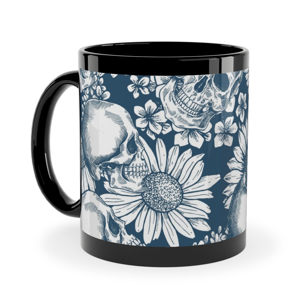 Floral Skull - Blue Ceramic Mug, Black,  , 11oz, Blue