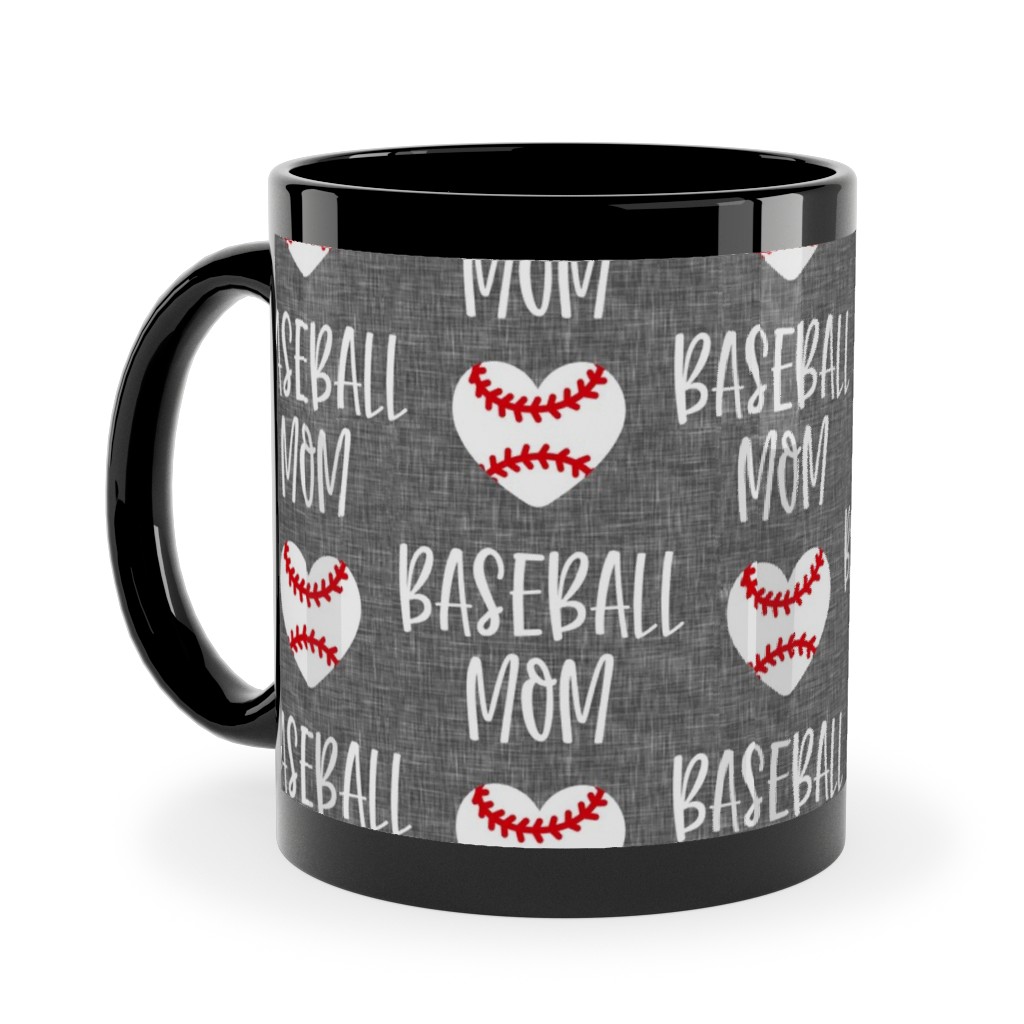 Baseball Mom - Baseball Heart - White on Grey Ceramic Mug, Black,  , 11oz, Gray