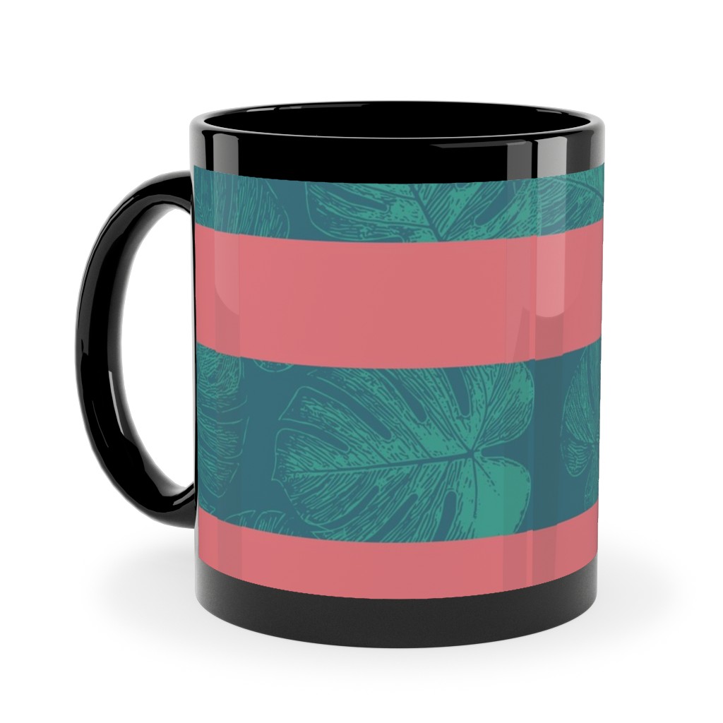 Monstera Leaf Stripes Ceramic Mug, Black, , 11oz, Green, Classic Green