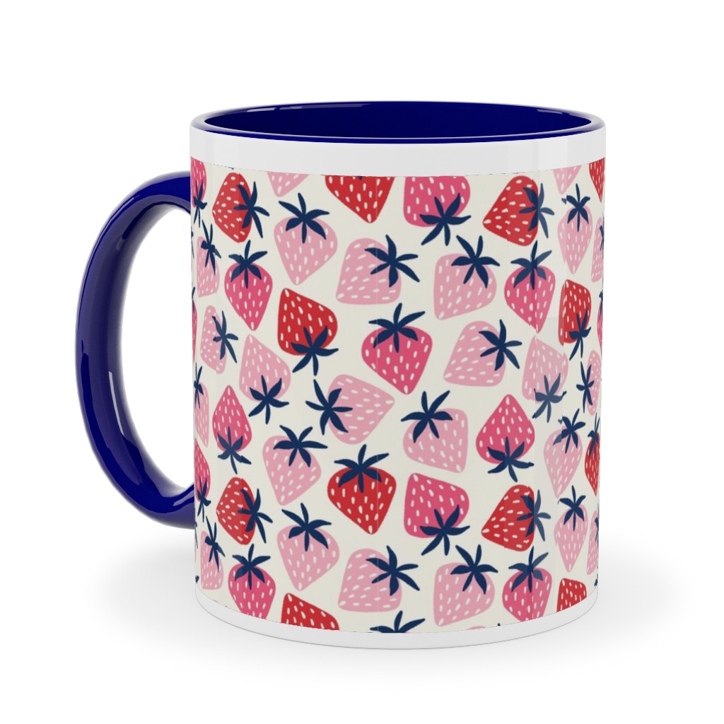 Strawberries - Pink and Red Ceramic Mug, Blue,  , 11oz, Pink