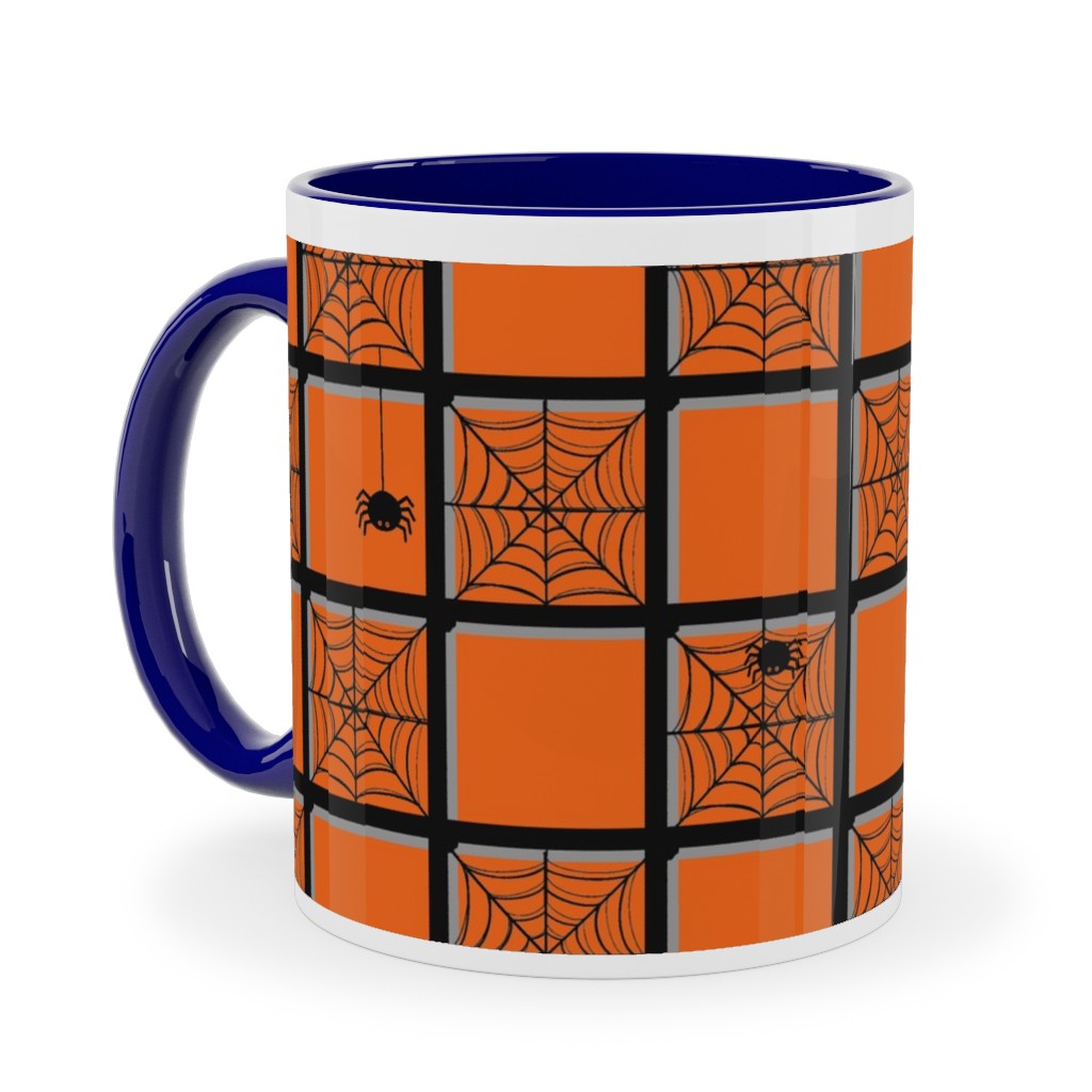 Orange Plaid Spider Webs Ceramic Mug, Blue,  , 11oz, Orange