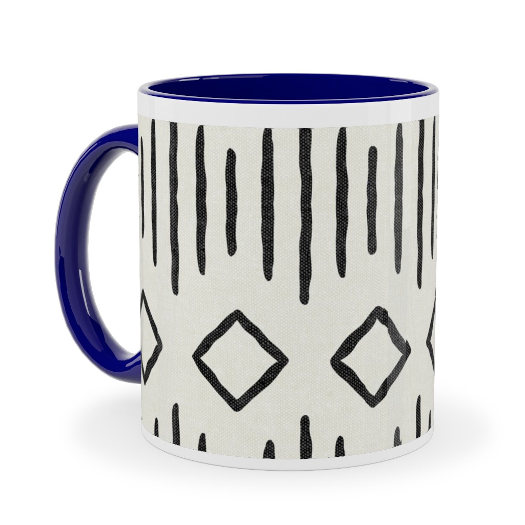 Diamond Fall - Mud Cloth - Onyx on Bone - Mudcloth Farmhouse Tribal - Lad19bs Ceramic Mug, Blue, , 11oz, Beige, Pearl