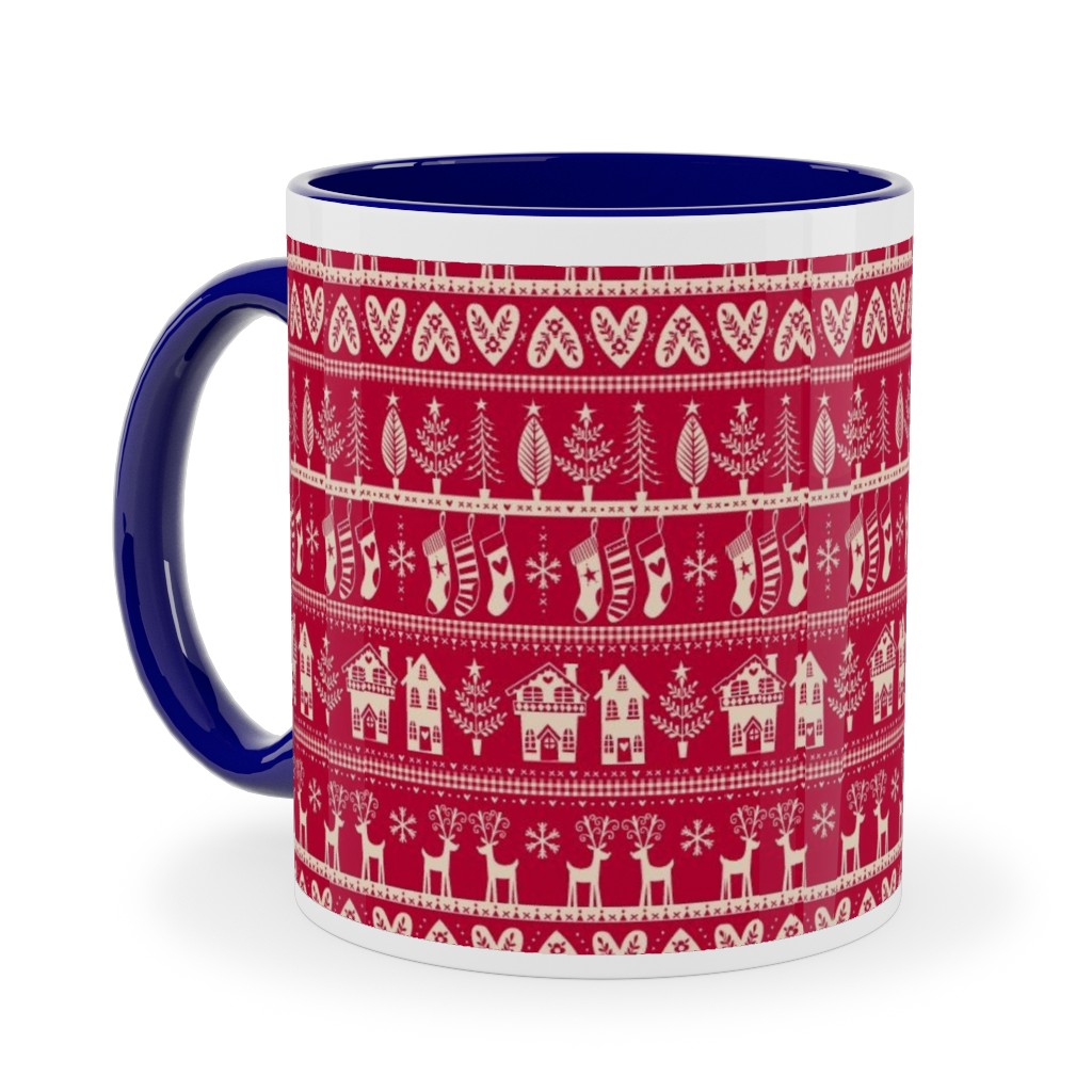 Nordic Vintage Christmas Ceramic Mug, Blue,  , 11oz, Red