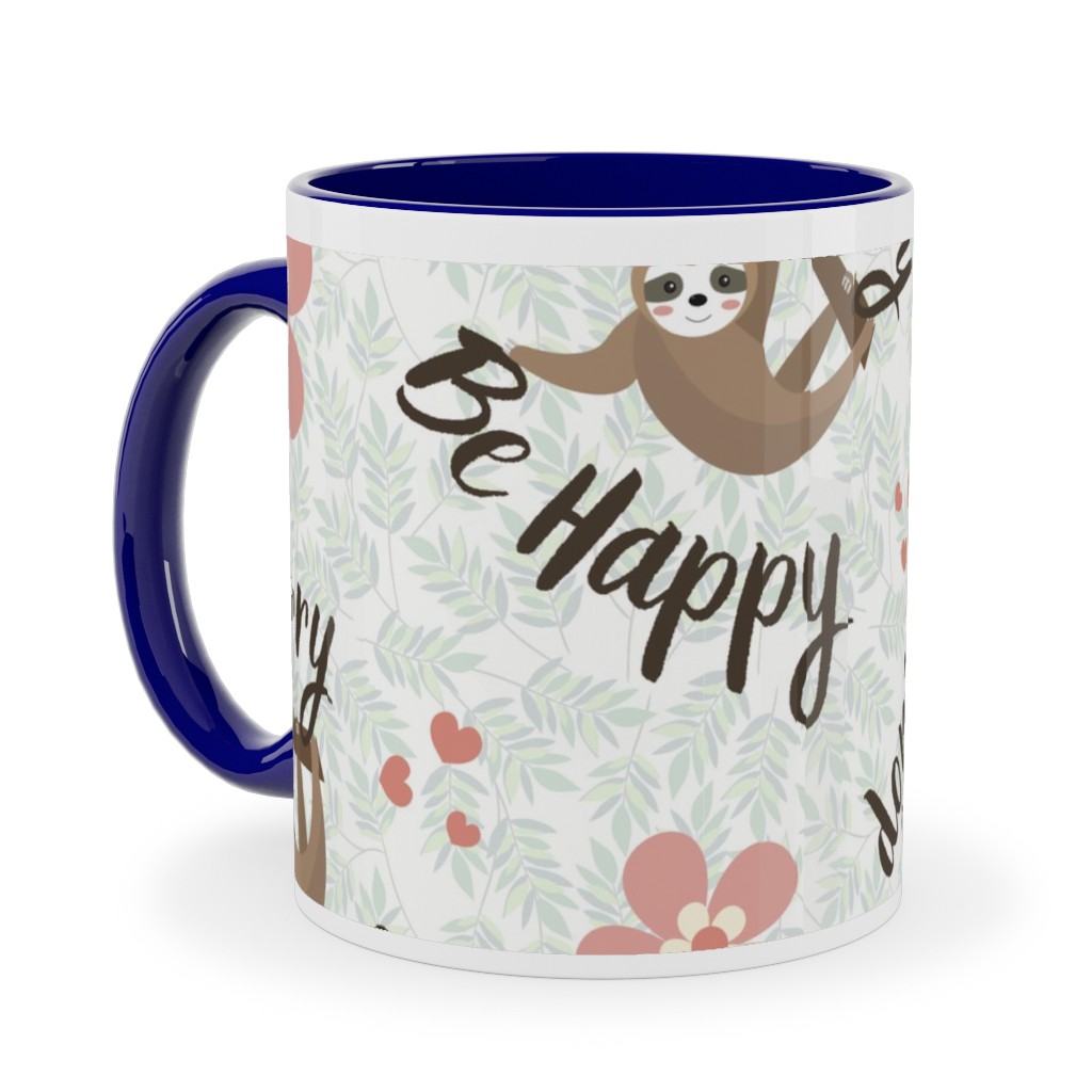 Don't Hurry Be Happy Sloth Ceramic Mug, Blue, , 11oz, Beige, Pearl