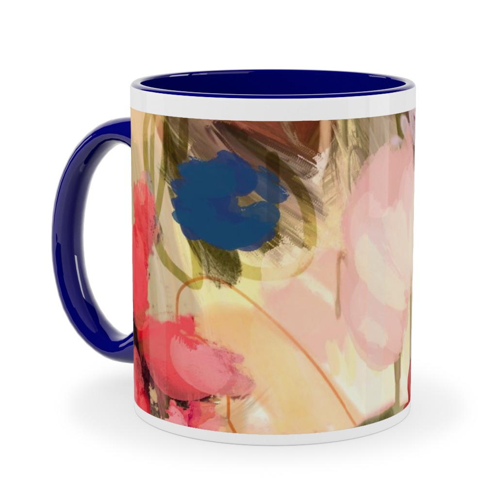 Painterly Abstract Floral Ceramic Mug, Blue, , 11oz, Pink, Bright Pink