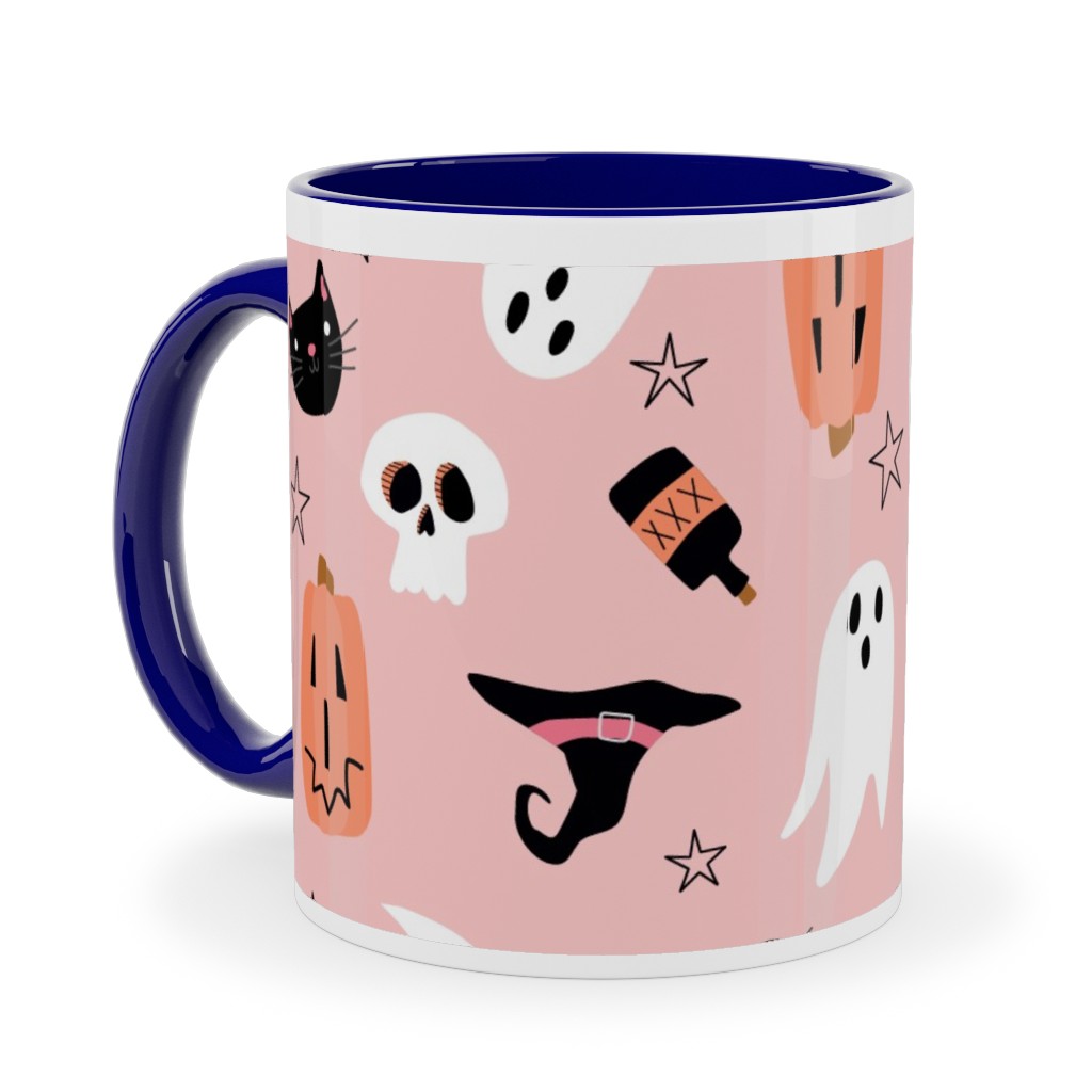Sweet Halloween Pumpkin, Witch, Ghost, Cat Ceramic Mug, Blue, , 11oz, Pink, Bright Pink