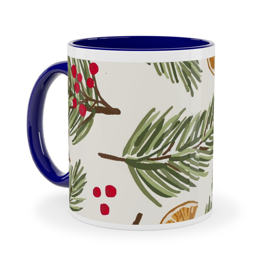 Festive Christmas Pine Sprigs and Orange Slices Ceramic Mug, Blue, , 11oz, Multicolor