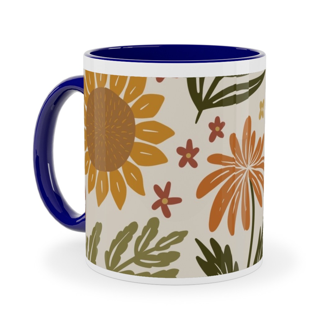 Autumn Botanicals - Leaves, Acorns, Sunflowers, Ferns, Mums, Pinecones, Mushrooms - Light Ceramic Mug, Blue, , 11oz, Multicolor