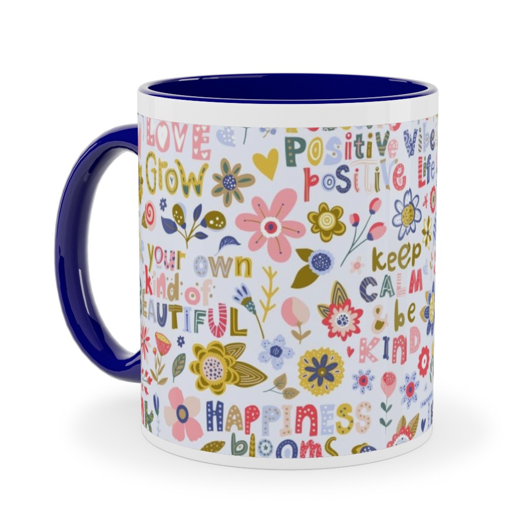 Positive Vibes - Motivational Sayings Floral - Multi Ceramic Mug, Blue,  , 11oz, Multicolor