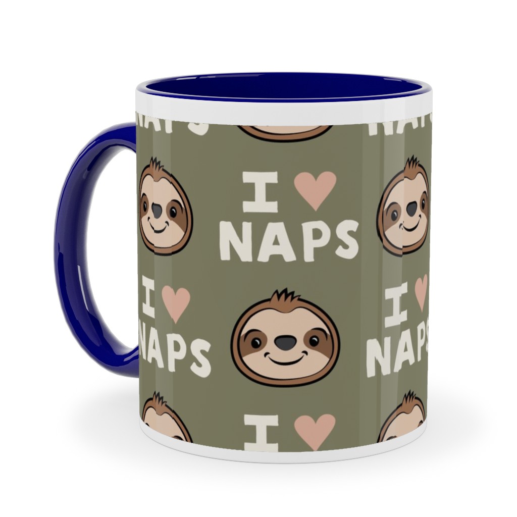I Heart Naps - Cute Sloths - Olive Green Ceramic Mug, Blue,  , 11oz, Green