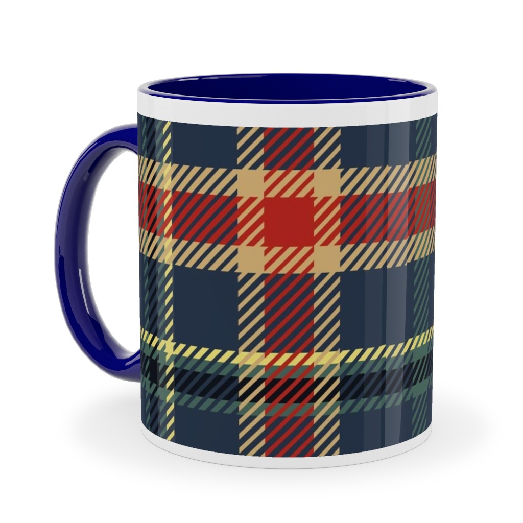 Navy Blue and Pine Plaid Ceramic Mug, Blue, , 11oz, Multicolor