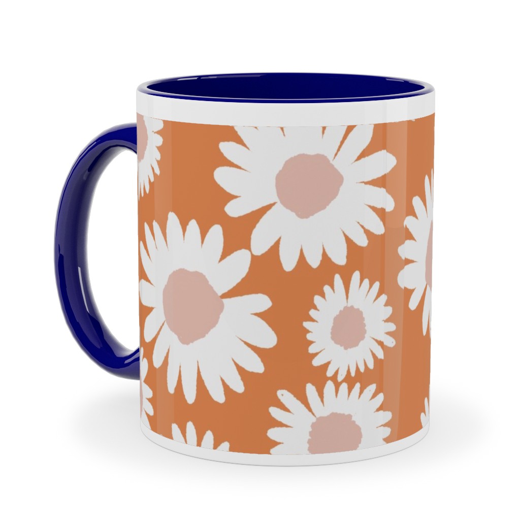 Boho Daisies - Flowers - Muted Orange and Blush Ceramic Mug, Blue,  , 11oz, Orange