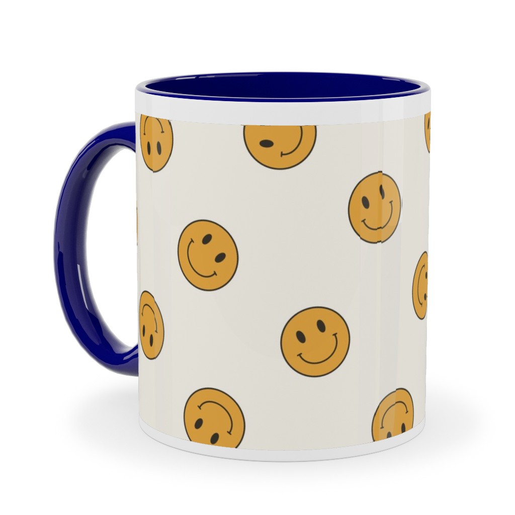 Retro Smiley Face - Cream and Yellow Ceramic Mug, Blue,  , 11oz, Yellow