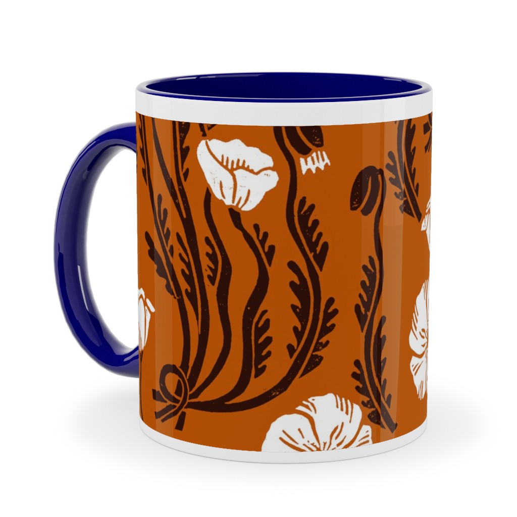 Poppy, Fall Harvest Block Printed Vintage Florals Ceramic Mug, Blue,  , 11oz, Orange