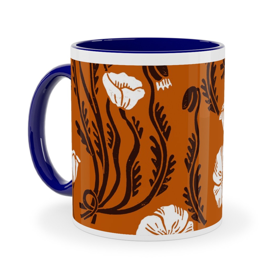 Poppy, Fall Harvest Block Printed Vintage Florals Ceramic Mug, Blue, , 11oz, Orange, Orange