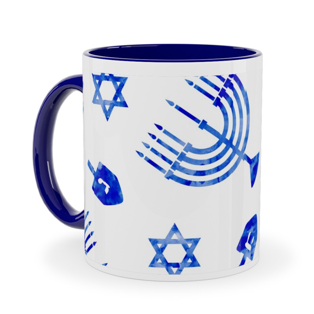 Watercolor Hanukkah Menorah, Dreidel, Star of David - Blue Ceramic Mug, Blue,  , 11oz, Blue