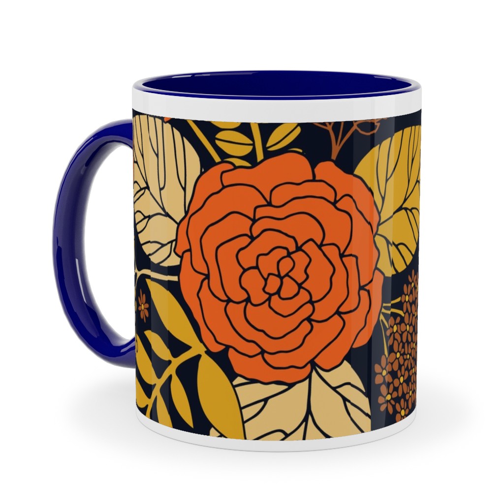 Retro Floral - Orange Brown and Yellow Ceramic Mug, Blue,  , 11oz, Orange
