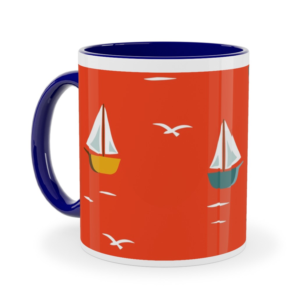 Sailboats Ceramic Mug, Blue,  , 11oz, Red