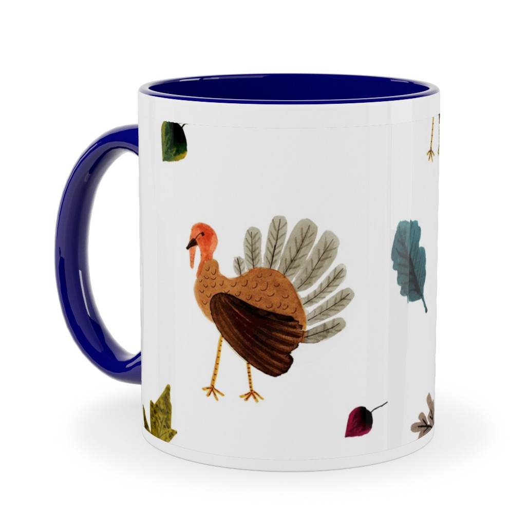 Fall Thanksgiving Turkeys on White Ceramic Mug, Blue,  , 11oz, White