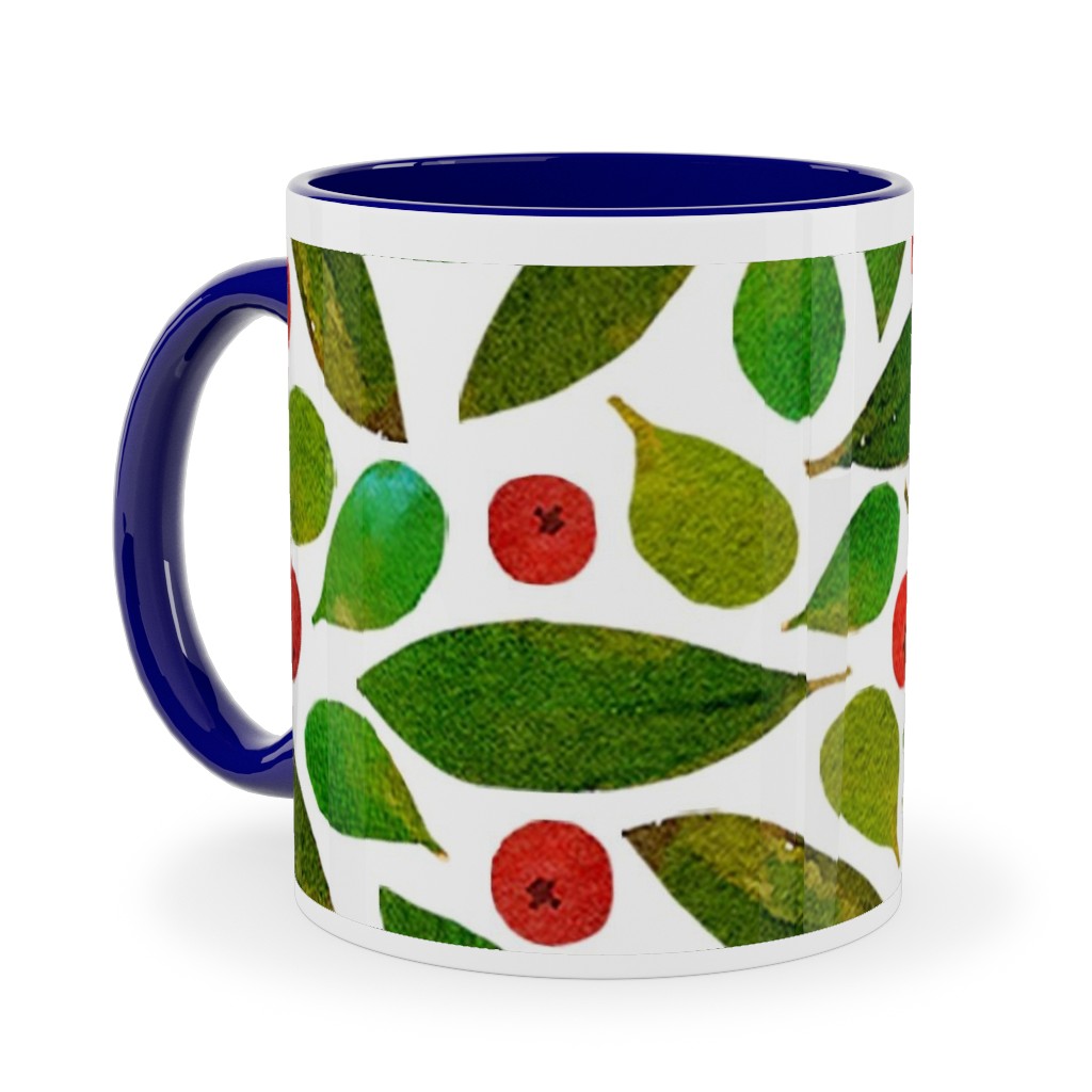 Holiday Greens and Berries Ceramic Mug, Blue,  , 11oz, Green