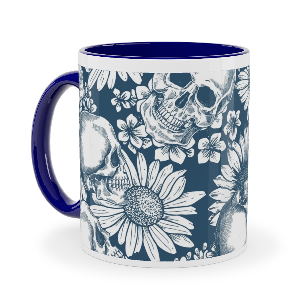 Floral Skull - Blue Ceramic Mug, Blue,  , 11oz, Blue