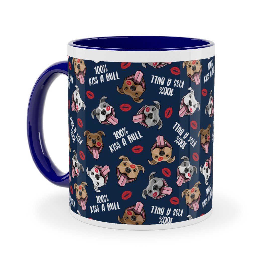 100% Kiss a Bull - Cute Pit Bull Dog - Red and Blue Ceramic Mug, Blue, , 11oz, Blue, True Blue