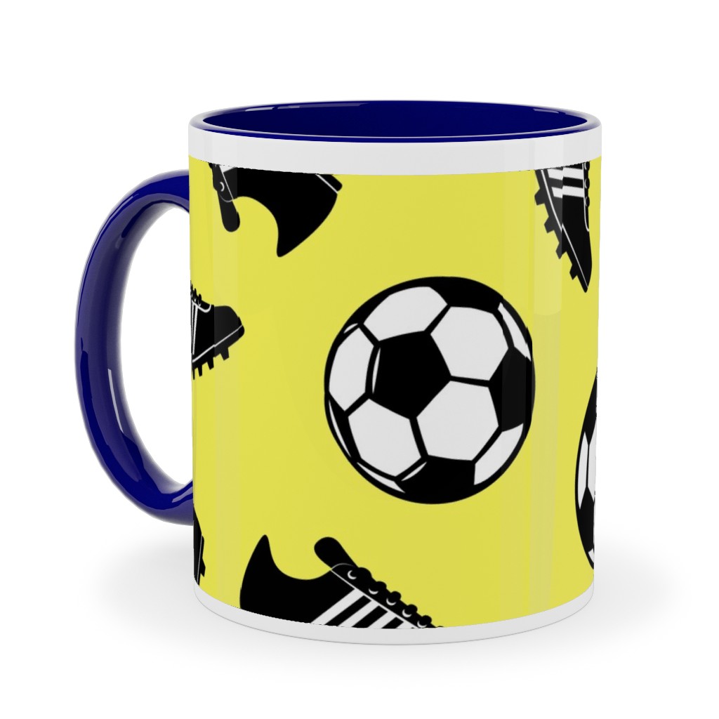 Soccer Balls and Cleats Ceramic Mug, Blue,  , 11oz, Yellow