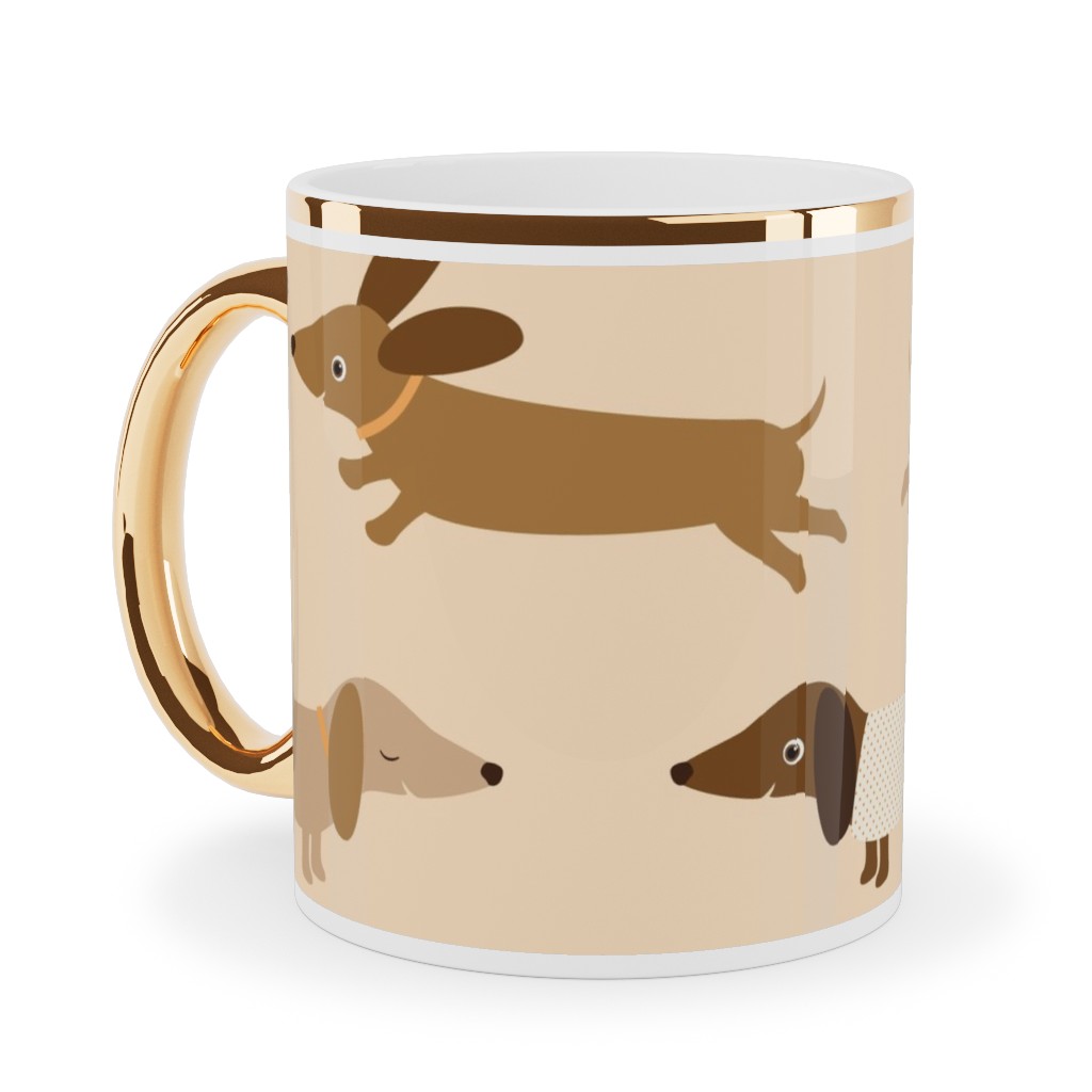 Daschunds Ceramic Mug, Gold Handle, , 11oz, Beige, Sand