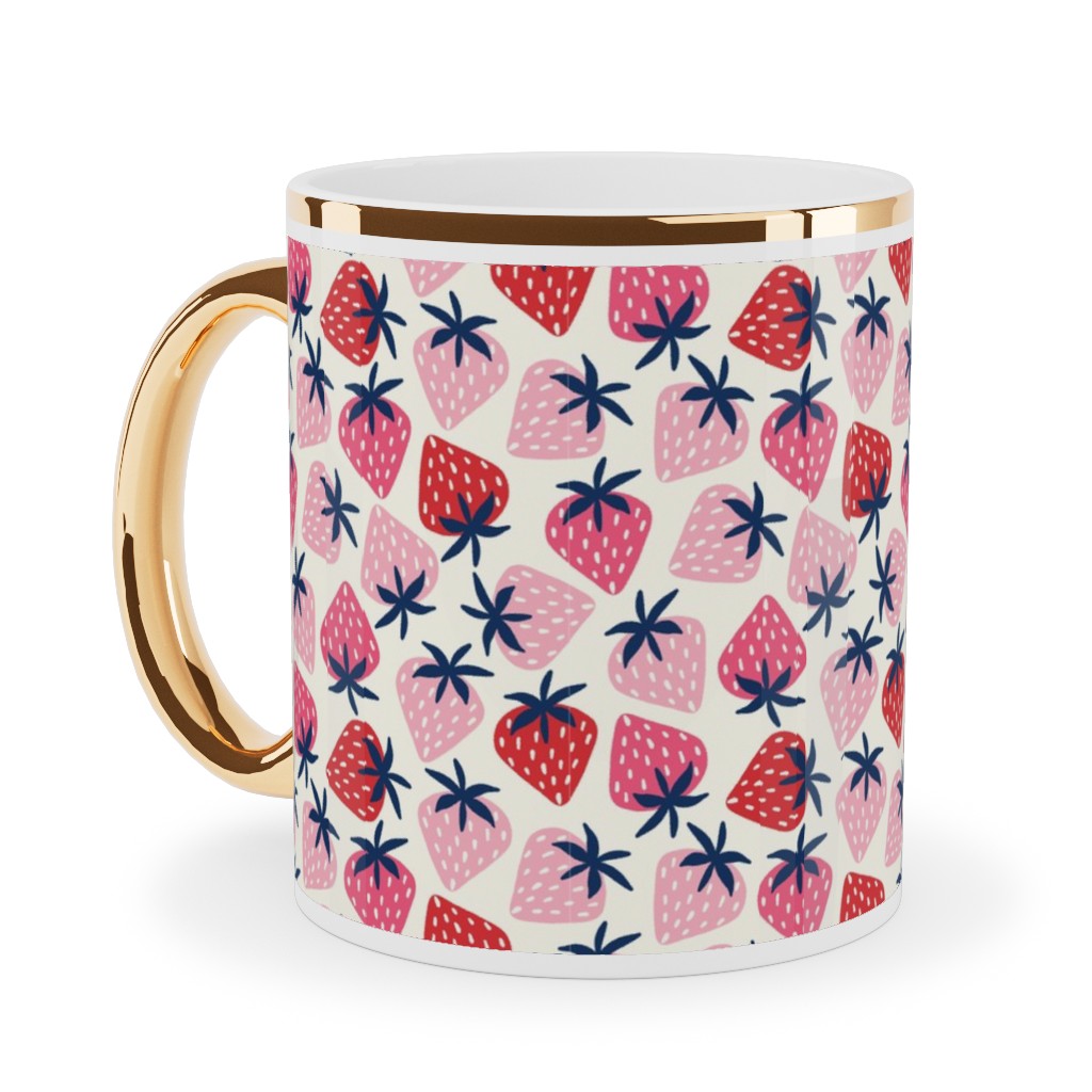 Strawberries - Pink and Red Ceramic Mug, Gold Handle, , 11oz, Pink, Bright Pink