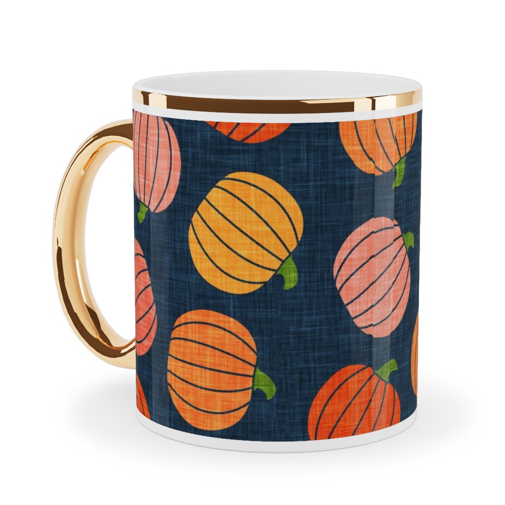 Pumpkin Toss - Orange on Blue Ceramic Mug, Gold Handle, , 11oz, Orange, Orange