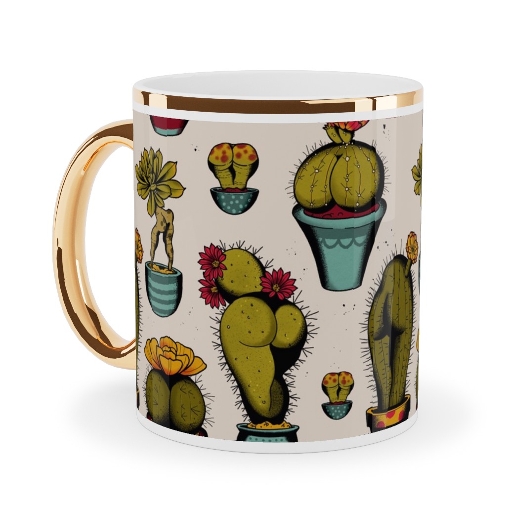 Sexy Cactus - Multicolor Ceramic Mug, Gold Handle,  , 11oz, Multicolor
