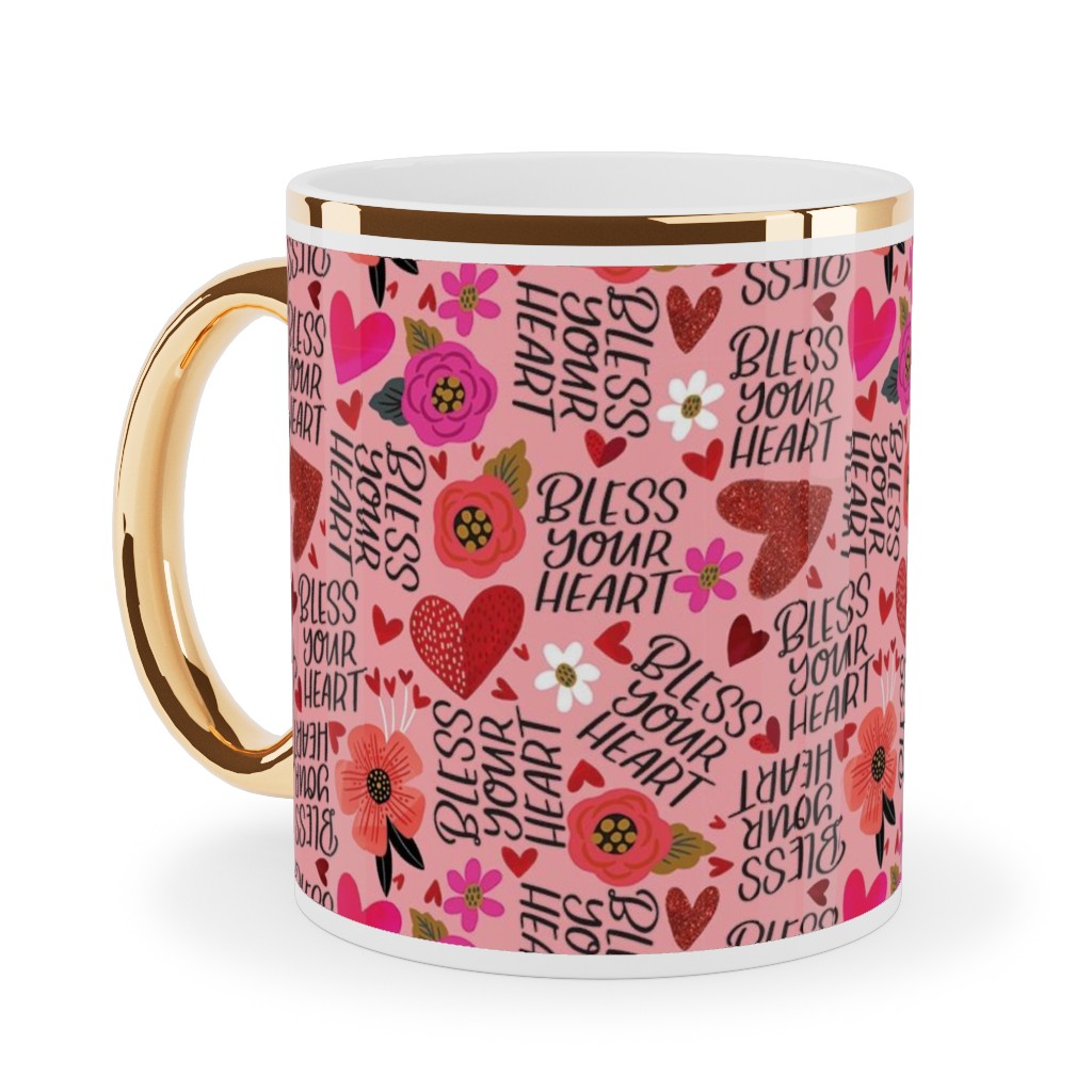 Pretty Bless Your Heart - Floral - Pink and Red Ceramic Mug, Gold Handle, , 11oz, Pink, Bright Pink