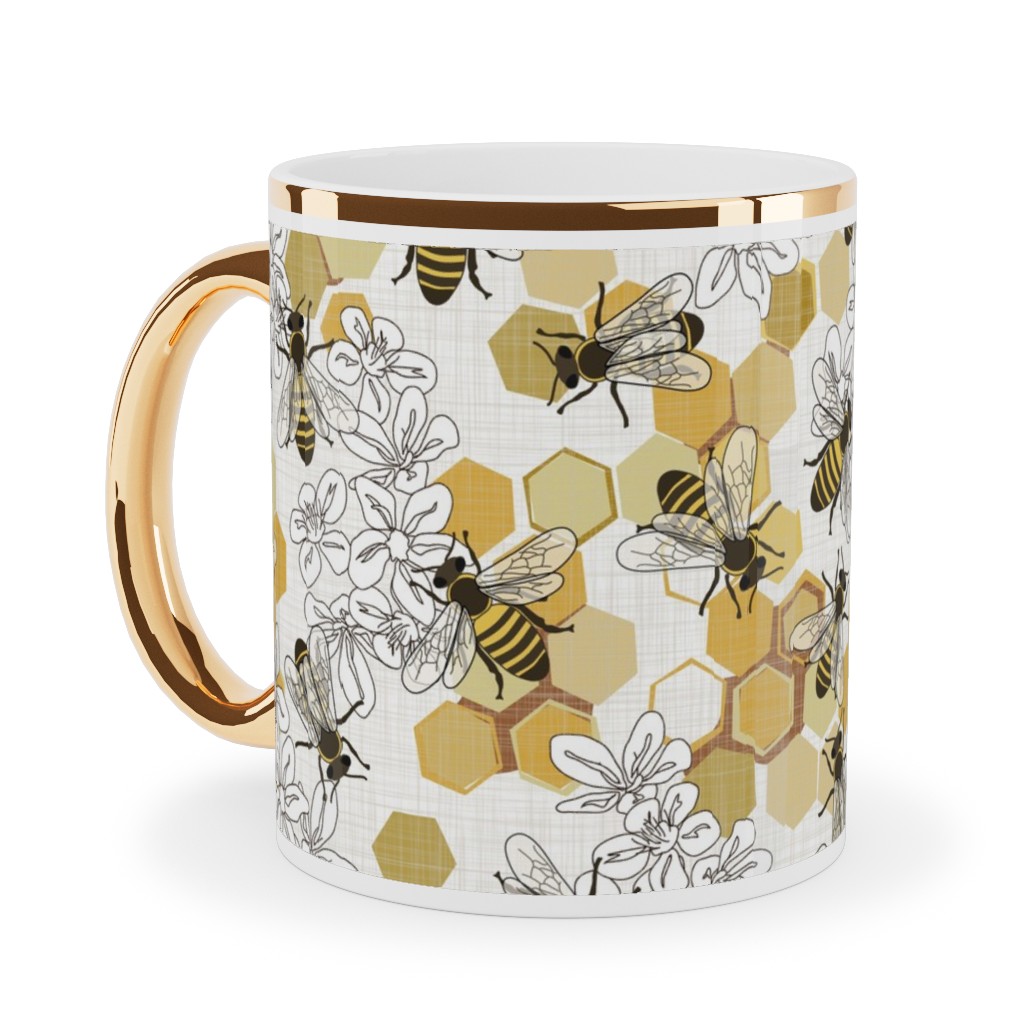 Save the Honey Bees - Yellow Ceramic Mug, Gold Handle,  , 11oz, Yellow