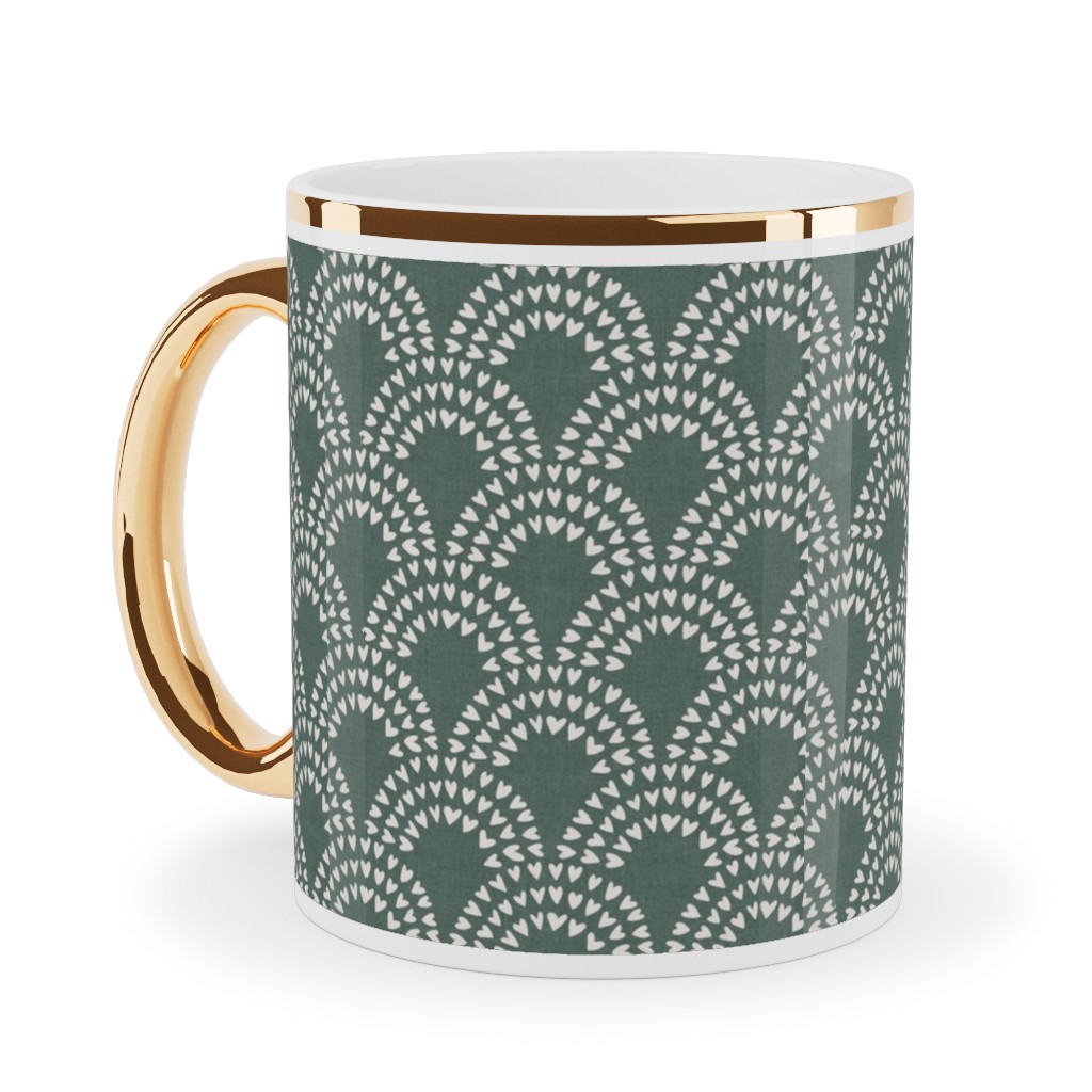 Scalloped Heart Rainbows - Pine Green Ceramic Mug, Gold Handle, , 11oz, Green, Classic Green
