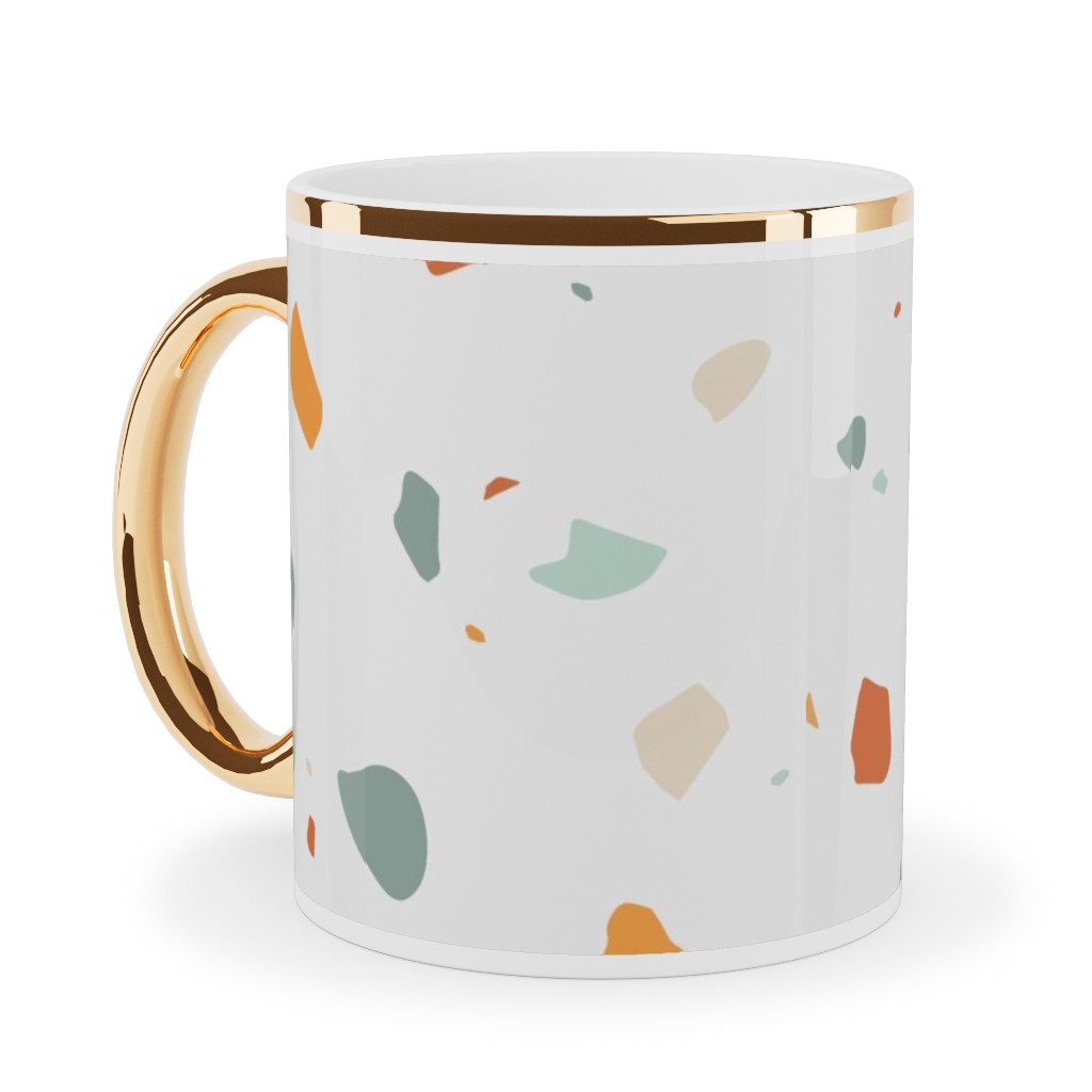 Terrazzo - Green and Orange on Cream Ceramic Mug, Gold Handle, , 11oz, Beige, Pearl