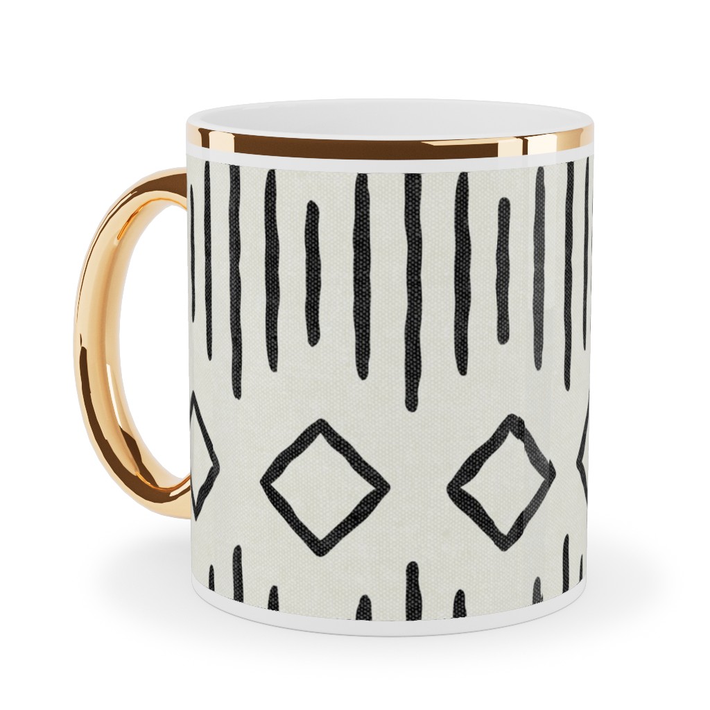 Diamond Fall - Mud Cloth - Onyx on Bone - Mudcloth Farmhouse Tribal - Lad19bs Ceramic Mug, Gold Handle, , 11oz, Beige, Pearl