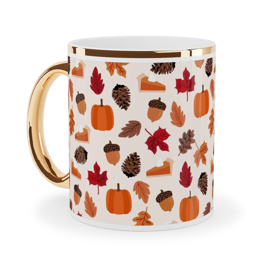 Autumn Leaves and Pumpkin Pie - Multi Ceramic Mug, Gold Handle,  , 11oz, Multicolor