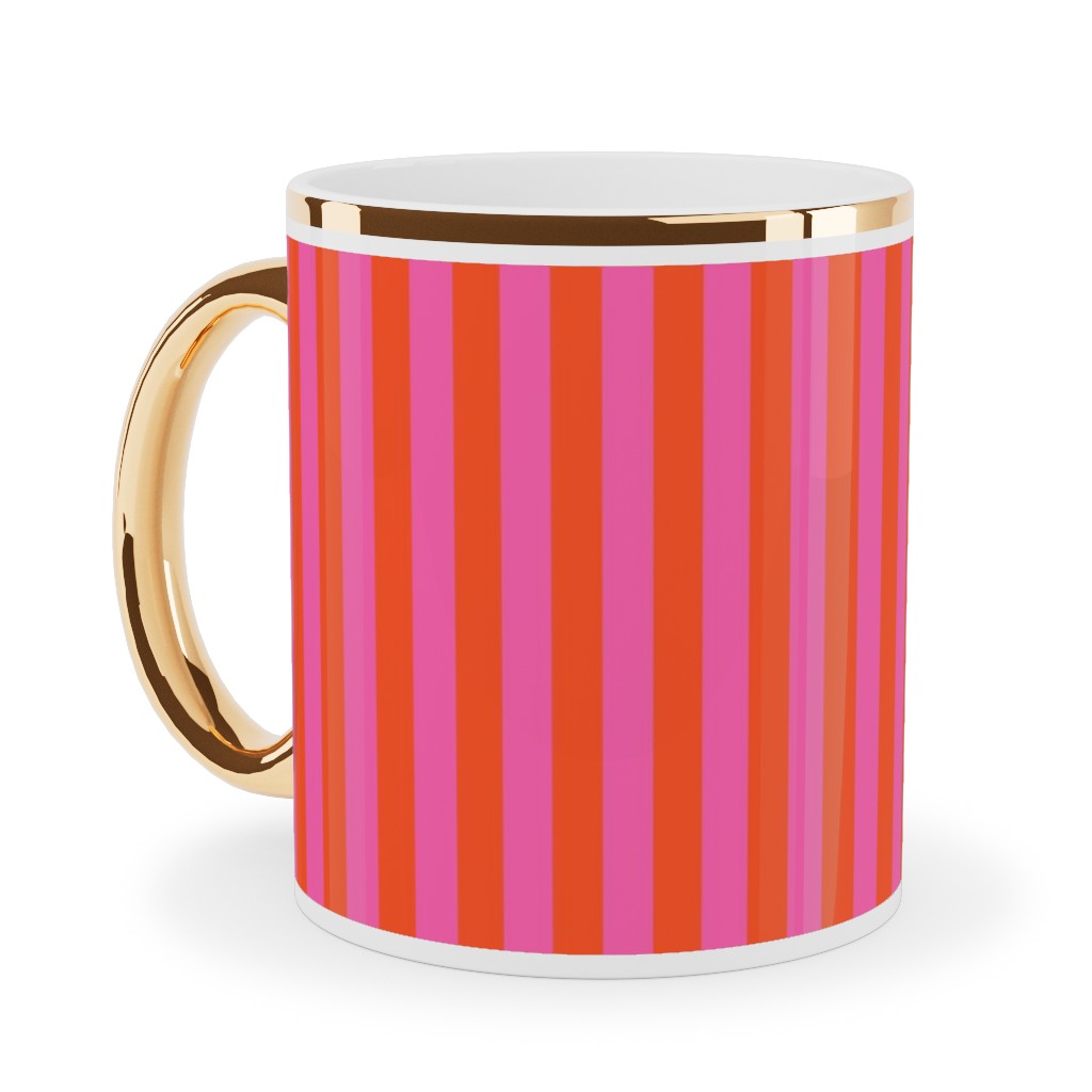 Piccadilly Pinstripes in Mod - Orange and Pink Ceramic Mug, Gold Handle, , 11oz, Pink, Bright Pink