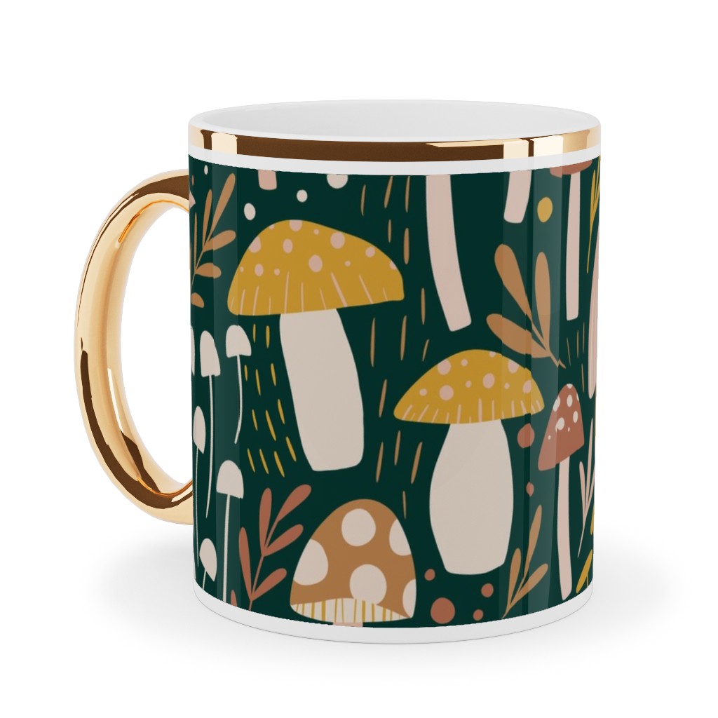 Woodland Mushroom Meadow - Green Ceramic Mug, Gold Handle, , 11oz, Green, Classic Green