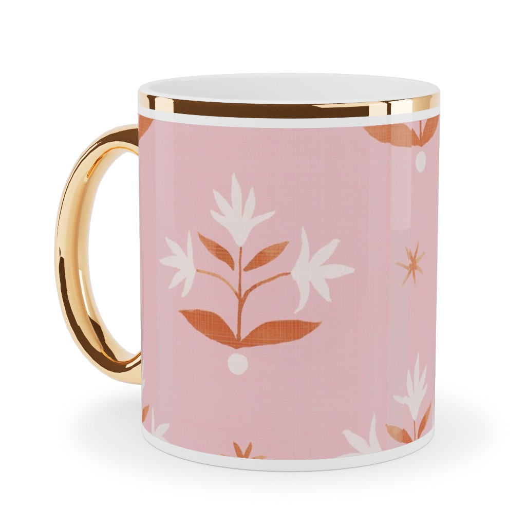 Thistle Stars - Pink and Orange Ceramic Mug, Gold Handle, , 11oz, Pink, Bright Pink