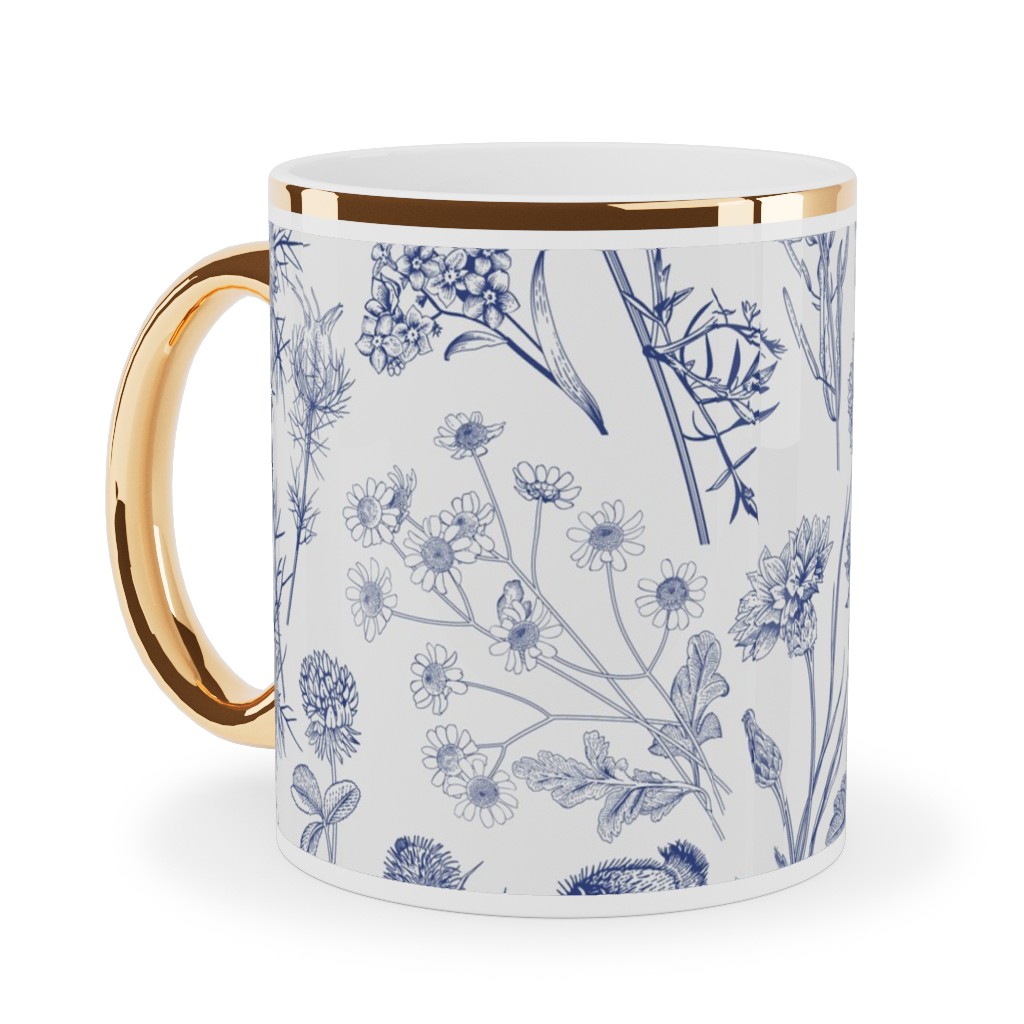 Wild Flowers - Blue Ceramic Mug, Gold Handle, , 11oz, Blue, True Blue