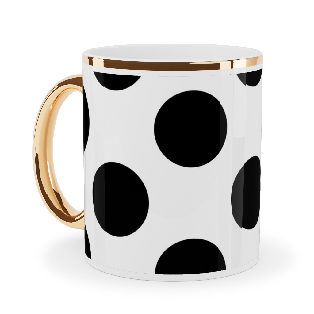 Polka Dot - Black and White Ceramic Mug, Gold Handle,  , 11oz, Black